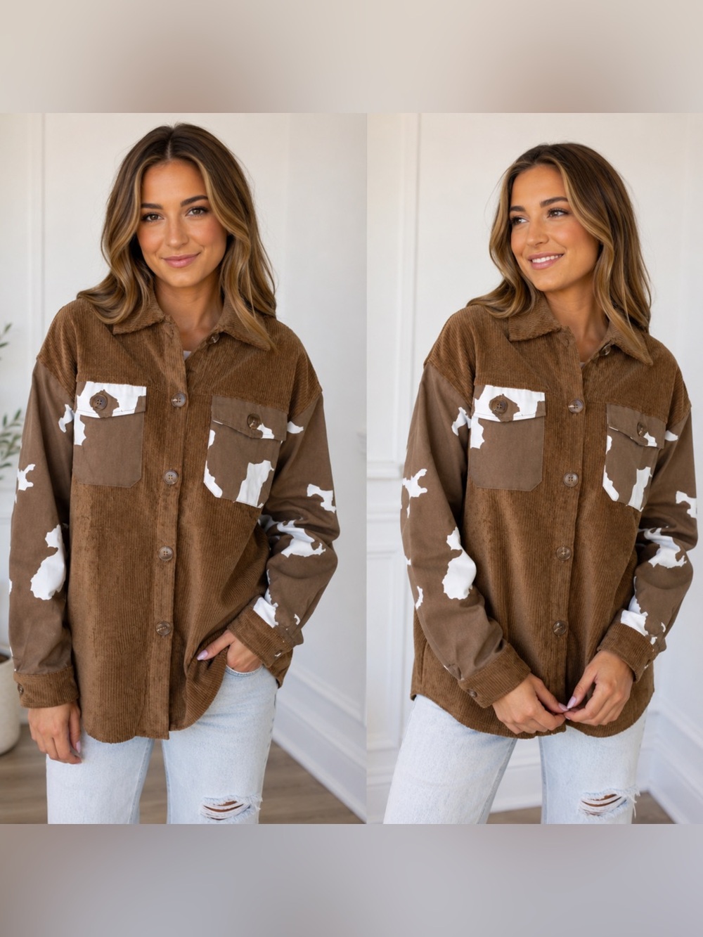 . Boutique Brown Cow Print Oversized Button Up Long Sleeve Corduroy Shacket - Picture 3 of 14